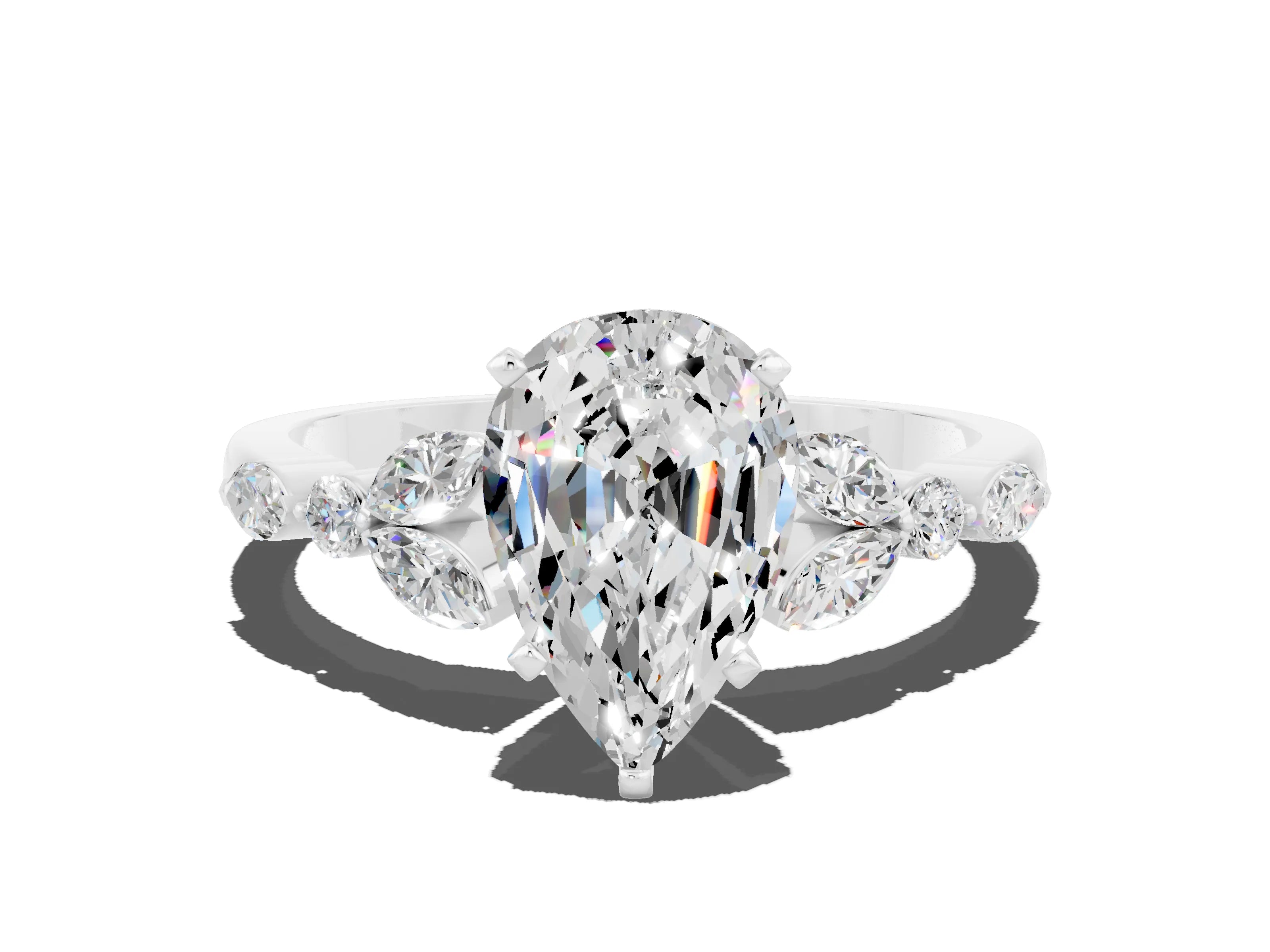 White gold Pear Cut Moissanite Solitaire Ring with Side Stones and Four-Prong Setting_36