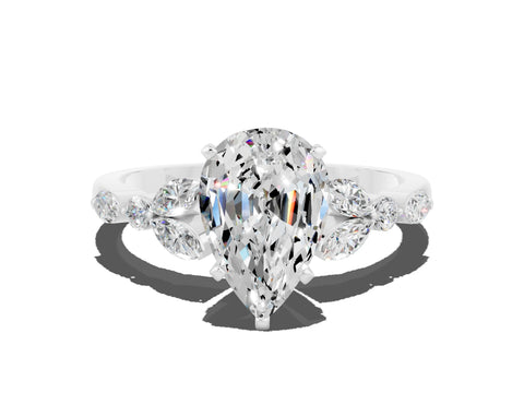 White gold Pear Cut Moissanite Solitaire Ring with Side Stones and Four-Prong Setting_36