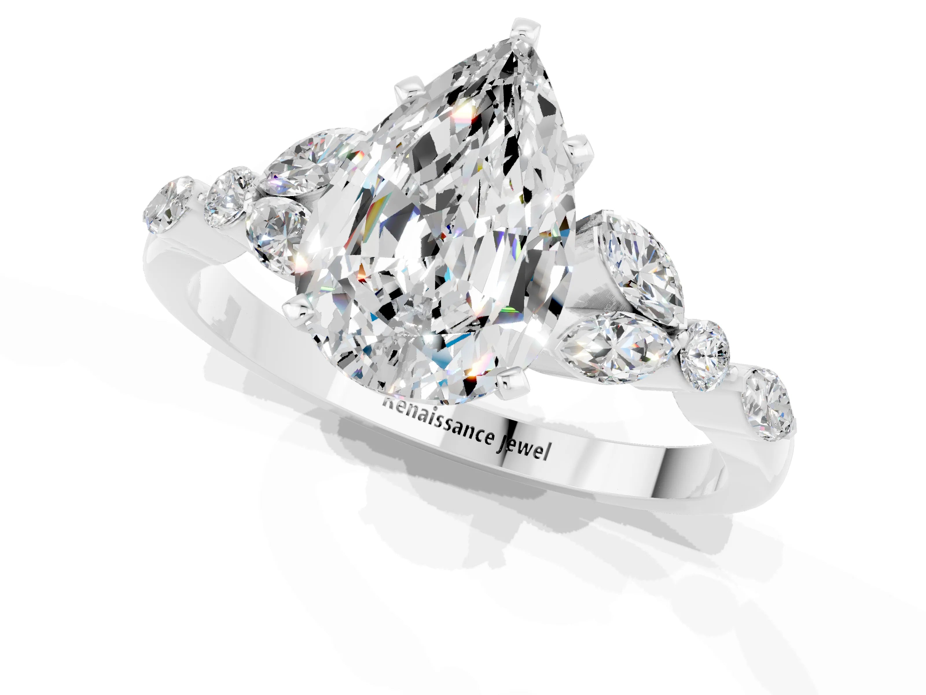 White gold Pear Cut Moissanite Solitaire Ring with Side Stones and Four-Prong Setting_37