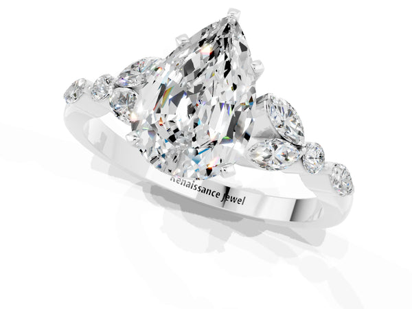 White gold Pear Cut Moissanite Solitaire Ring with Side Stones and Four-Prong Setting