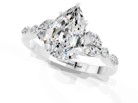 White gold Pear Cut Moissanite Solitaire Ring with Side Stones and Four-Prong Setting_37