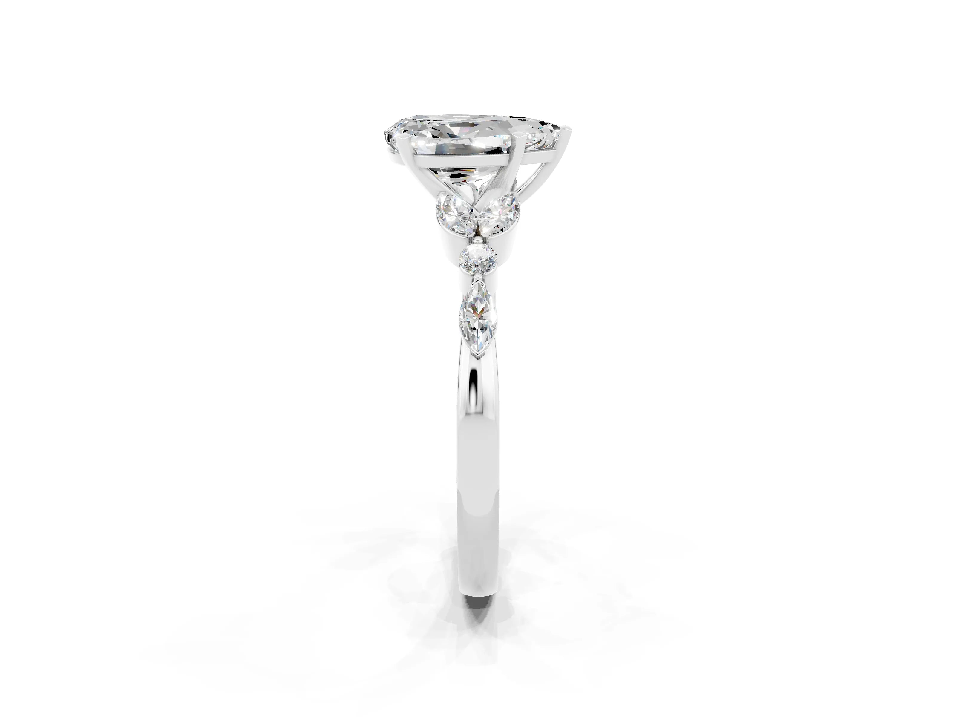 White gold Pear Cut Moissanite Solitaire Ring with Side Stones and Four-Prong Setting_38