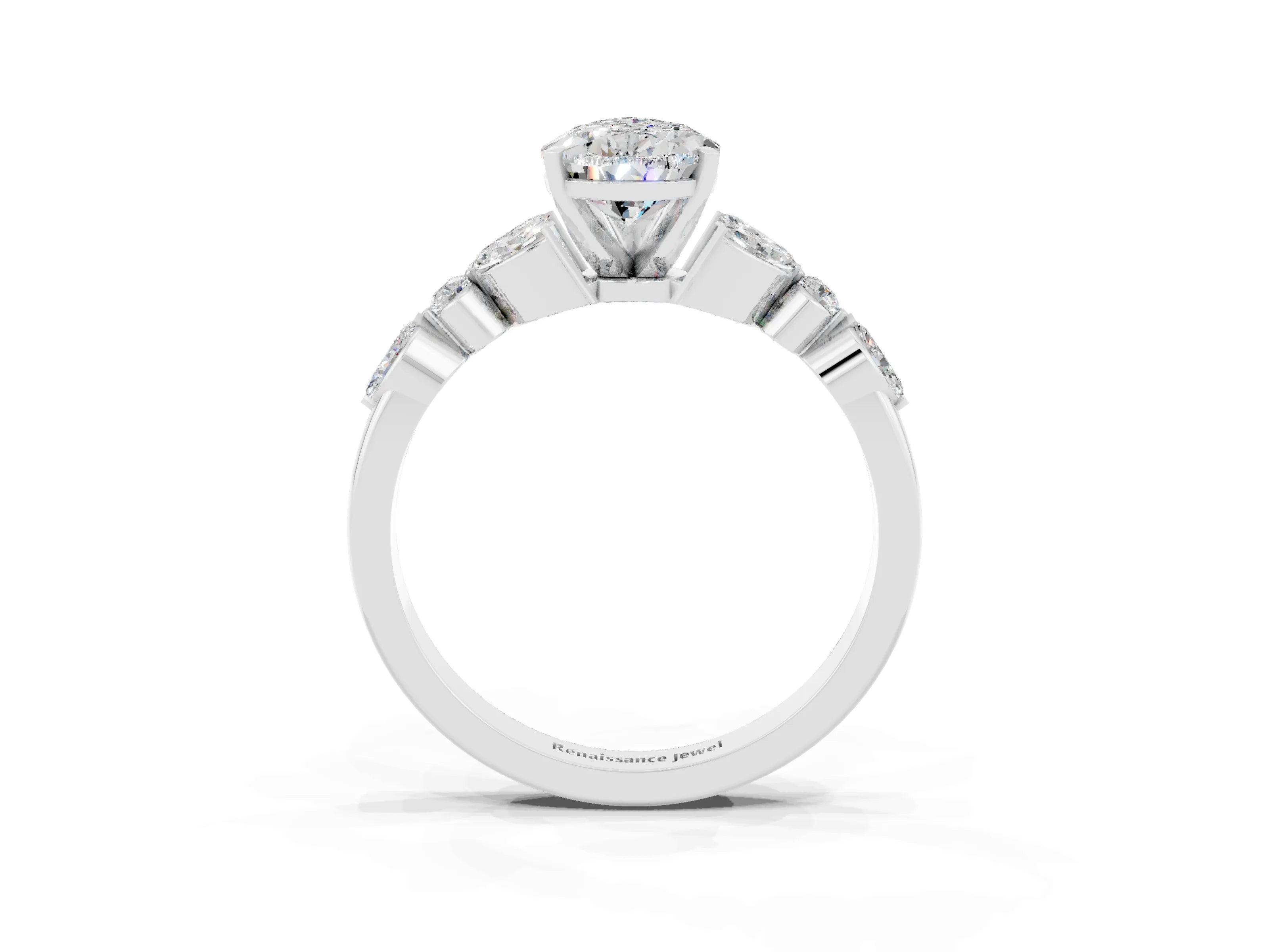 White gold Pear Cut Moissanite Solitaire Ring with Side Stones and Four-Prong Setting_39