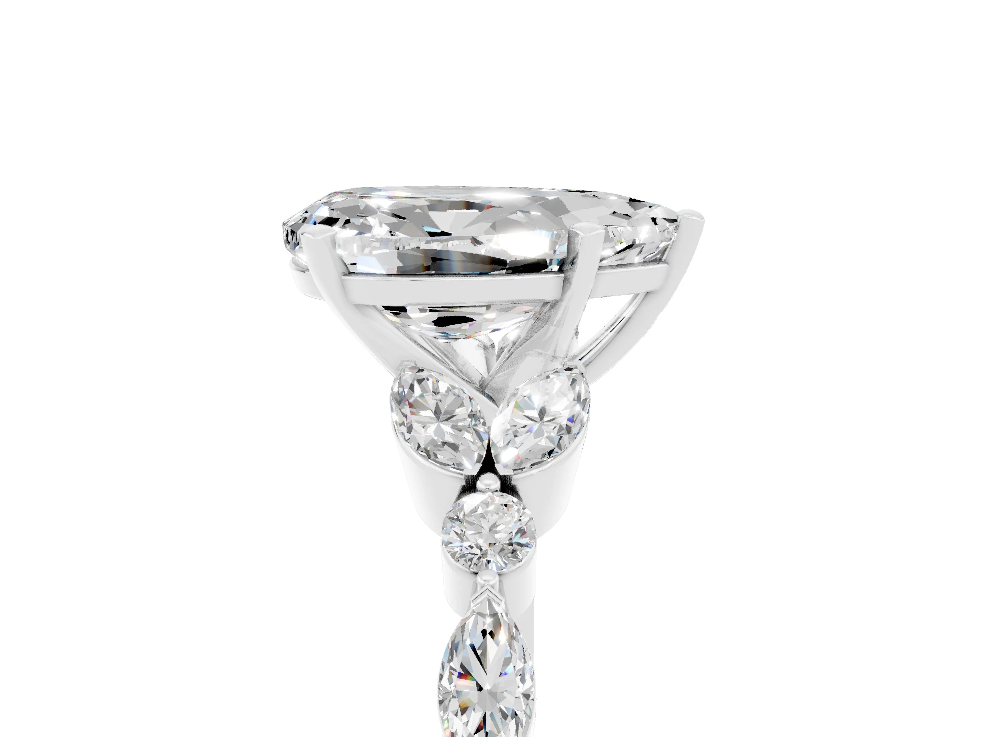 White gold Pear Cut Moissanite Solitaire Ring with Side Stones and Four-Prong Setting_41
