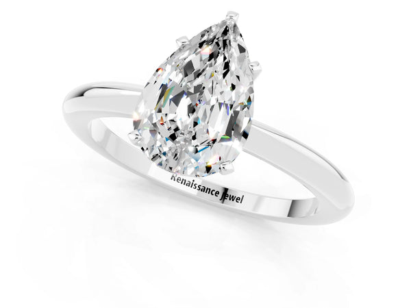 Platinum Pear Cut Moissanite Solitaire Ring with Six-Prong Setting and Classic Band