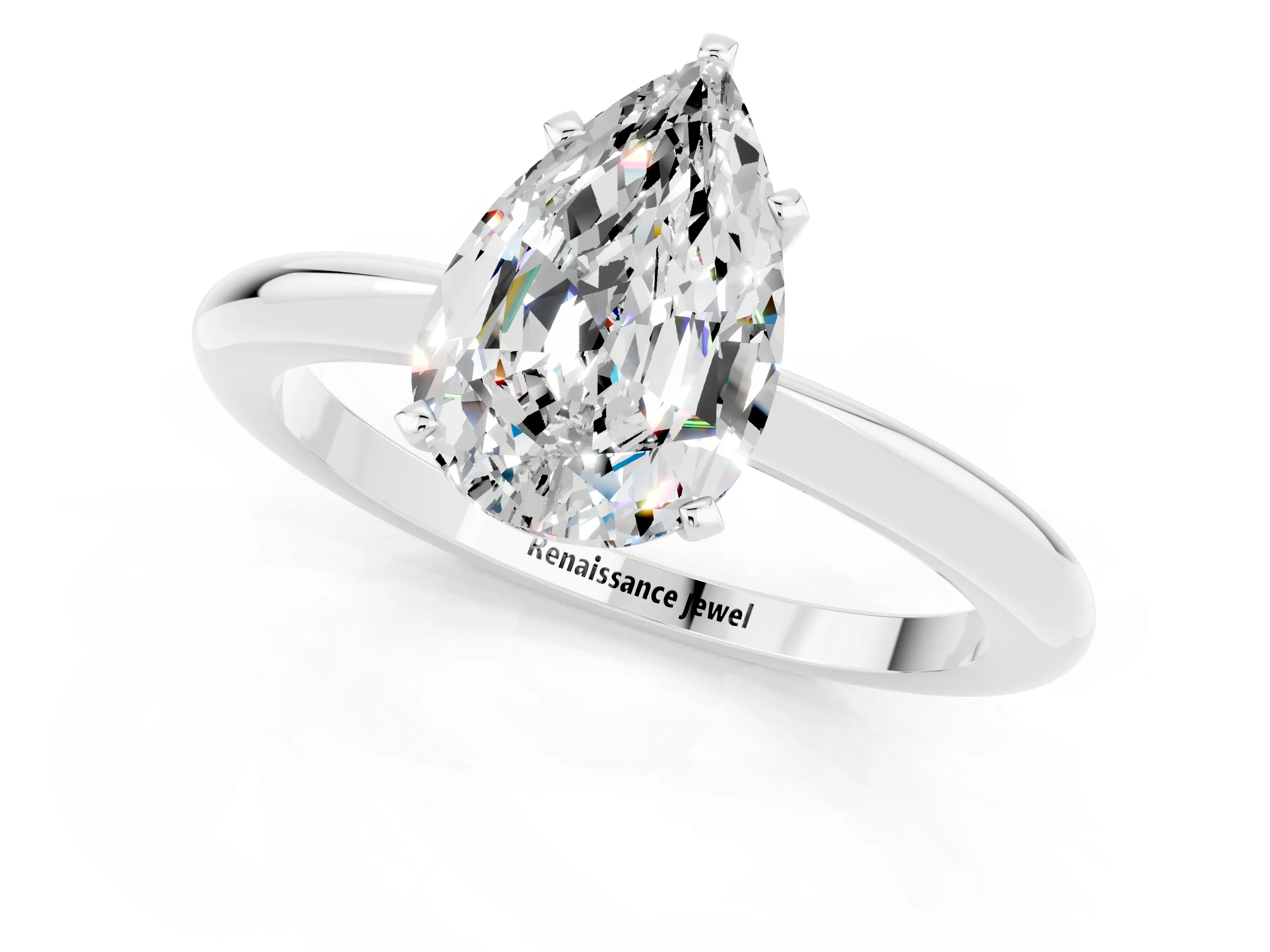 White gold Pear Cut Moissanite Solitaire Ring with Six-Prong Setting and Classic Band_13