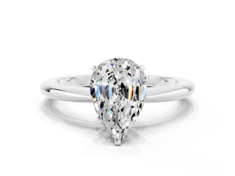 White gold Pear Cut Moissanite Solitaire Ring with Six-Prong Setting and Classic Band