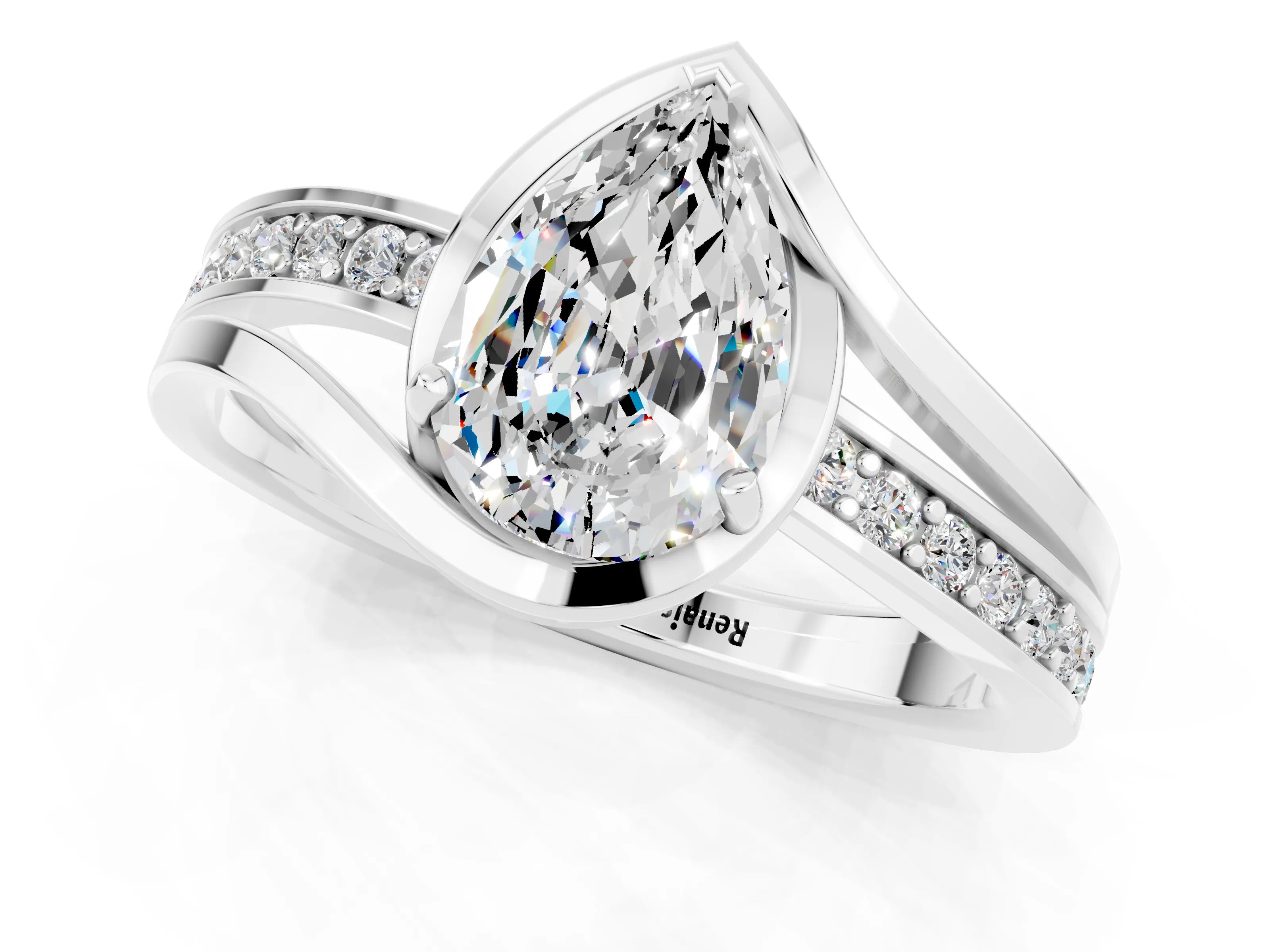 White gold Pear Cut Moissanite Solitaire Ring with Split Shank and Prong Setting_1