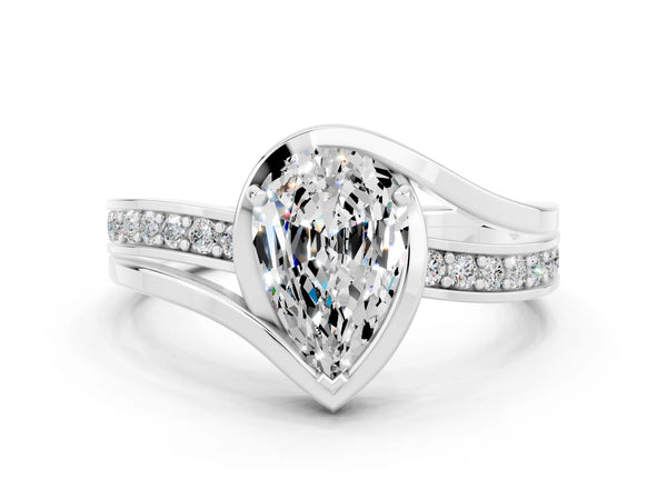 Silver Pear Cut Moissanite Solitaire Ring with Split Shank and Prong Setting