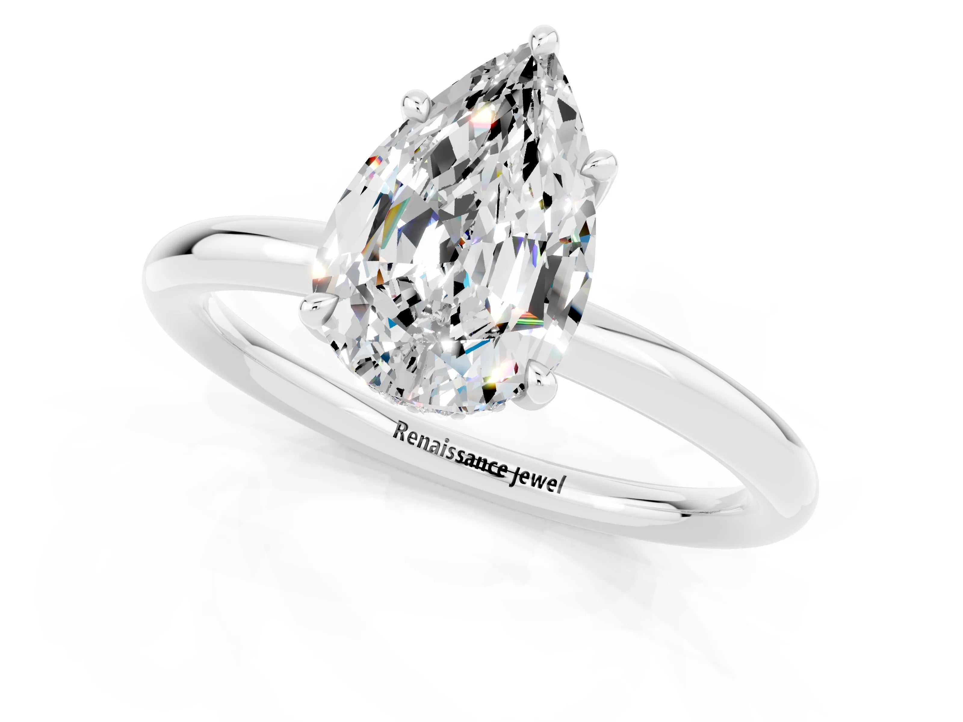 White gold Pear Cut Moissanite Solitaire Ring with Thin Band and Four-Prong Setting_13