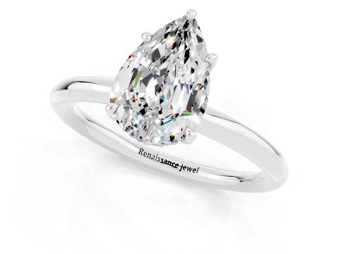 White gold Pear Cut Moissanite Solitaire Ring with Thin Band and Four-Prong Setting_13