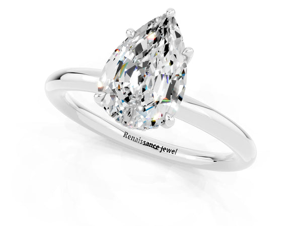 Silver Pear Cut Moissanite Solitaire Ring with Thin Band and Four-Prong Setting