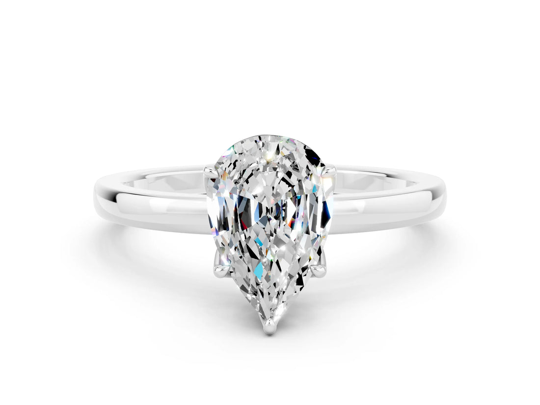 White gold Pear Cut Moissanite Solitaire Ring with Thin Band and Prong Setting_12