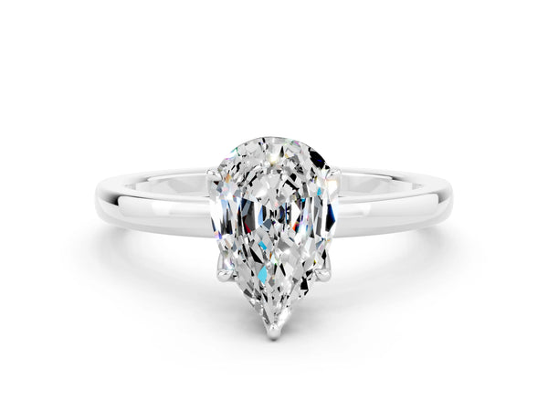 Silver Pear Cut Moissanite Solitaire Ring with Thin Band and Prong Setting