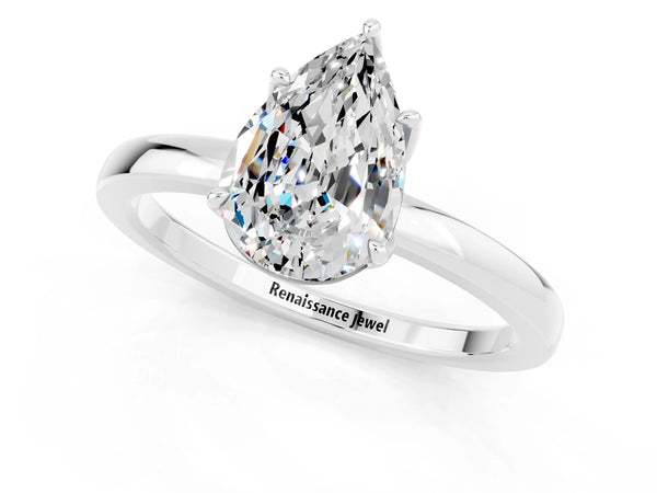 White gold Pear Cut Moissanite Solitaire Ring with Thin Band and Prong Setting