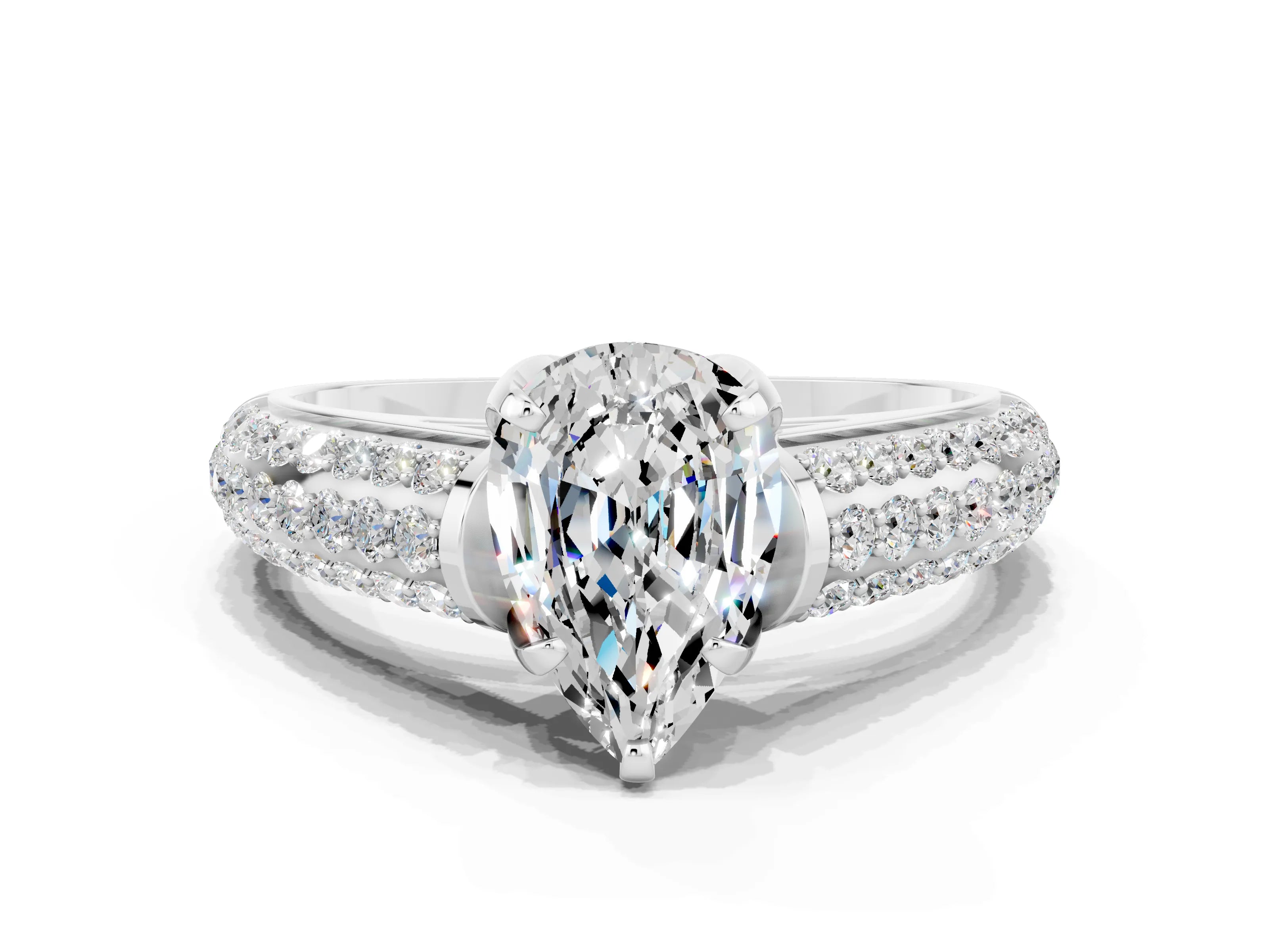 White gold Pear Cut Moissanite Solitaire Ring with Three-Row Pavé Band and Four-Prong Setting_12