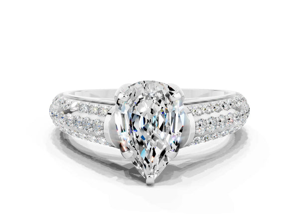 White gold Pear Cut Moissanite Solitaire Ring with Three-Row Pavé Band and Four-Prong Setting