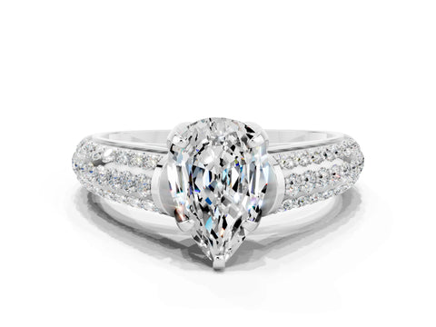 White gold Pear Cut Moissanite Solitaire Ring with Three-Row Pavé Band and Four-Prong Setting_12