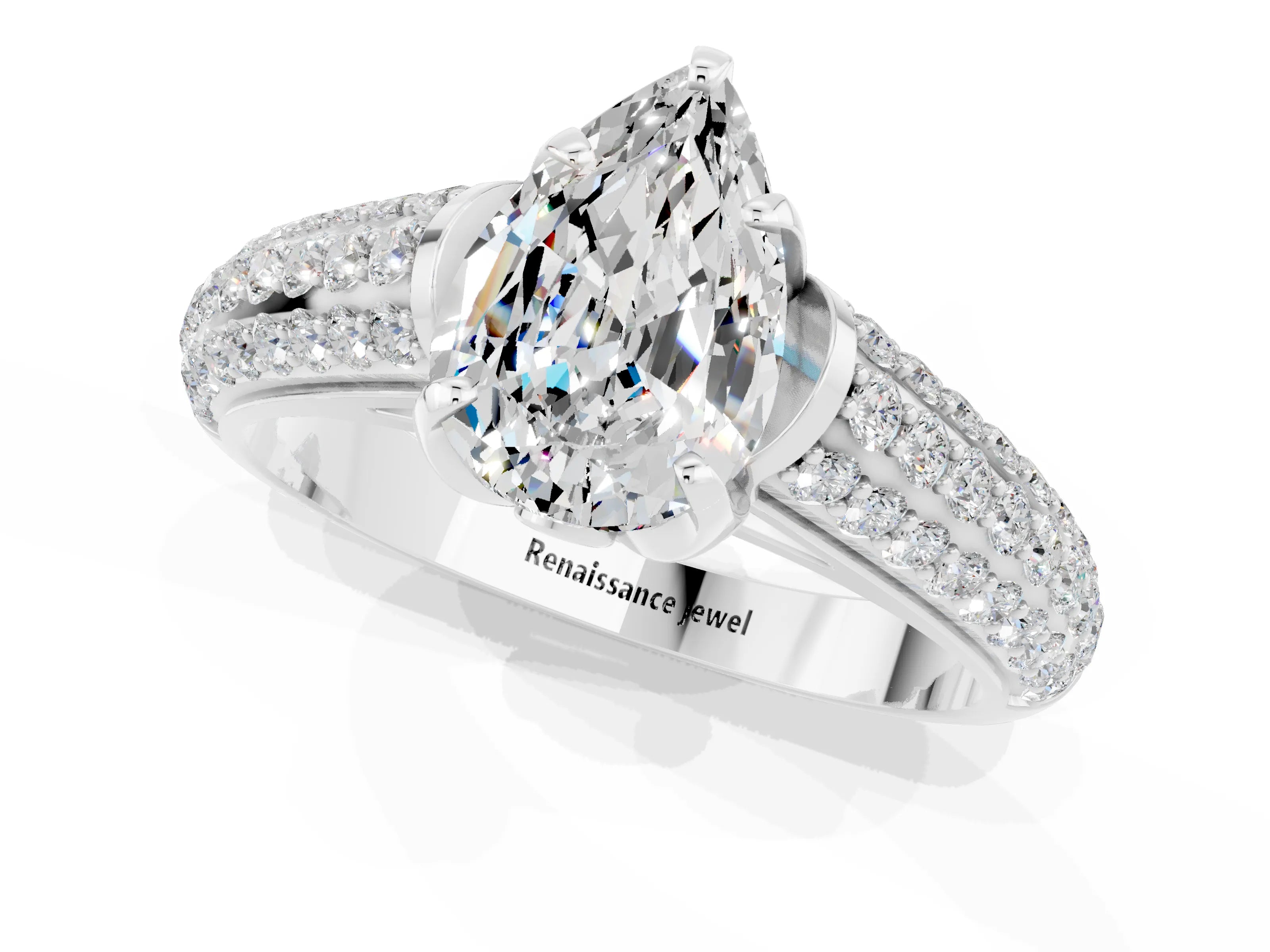 White gold Pear Cut Moissanite Solitaire Ring with Three-Row Pavé Band and Four-Prong Setting_13