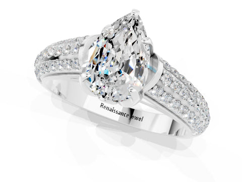 White gold Pear Cut Moissanite Solitaire Ring with Three-Row Pavé Band and Four-Prong Setting_13