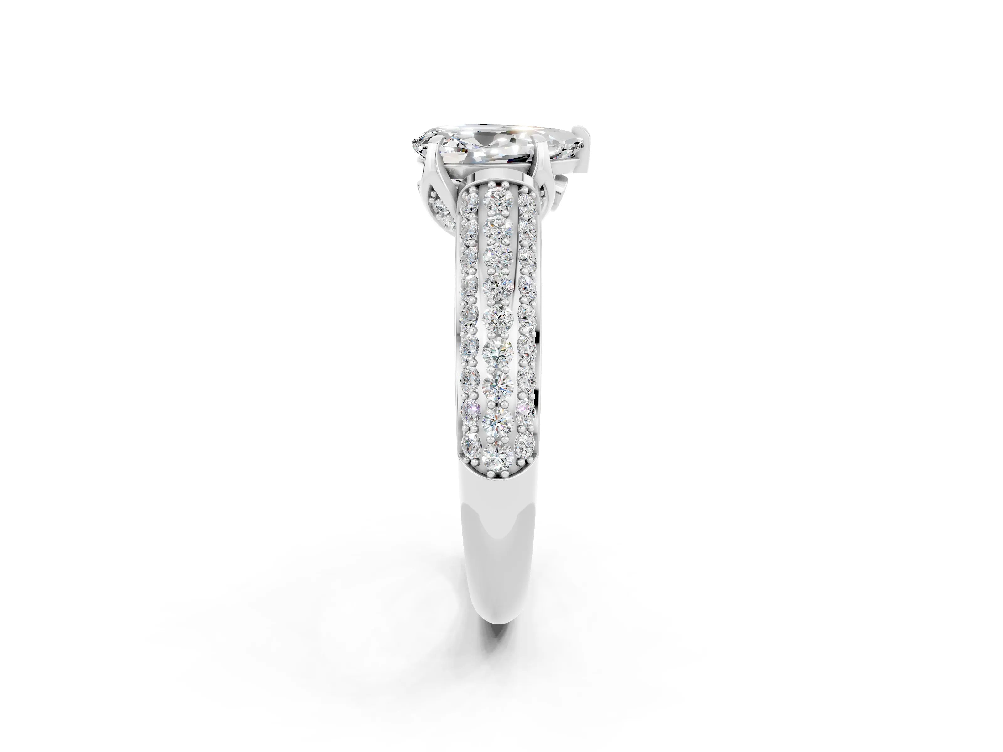 White gold Pear Cut Moissanite Solitaire Ring with Three-Row Pavé Band and Four-Prong Setting_14