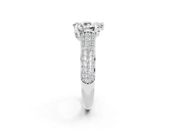 Platinum Pear Cut Moissanite Solitaire Ring with Three-Row Pavé Band and Four-Prong Setting