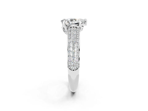 White gold Pear Cut Moissanite Solitaire Ring with Three-Row Pavé Band and Four-Prong Setting_14