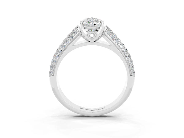 Platinum Pear Cut Moissanite Solitaire Ring with Three-Row Pavé Band and Four-Prong Setting
