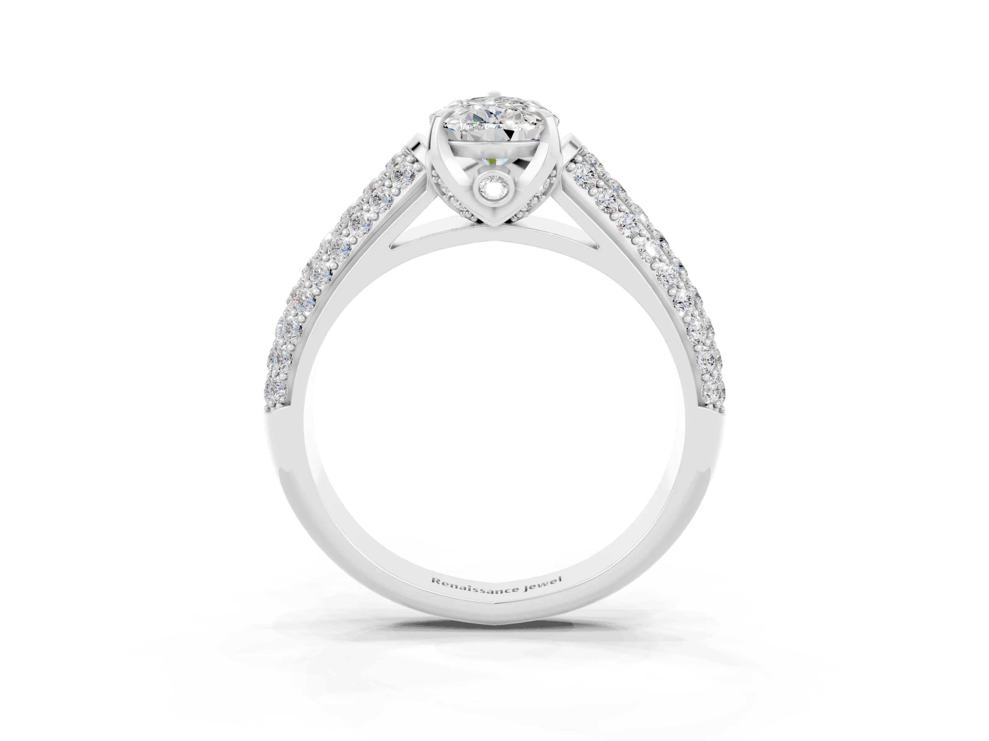 White gold Pear Cut Moissanite Solitaire Ring with Three-Row Pavé Band and Four-Prong Setting_15