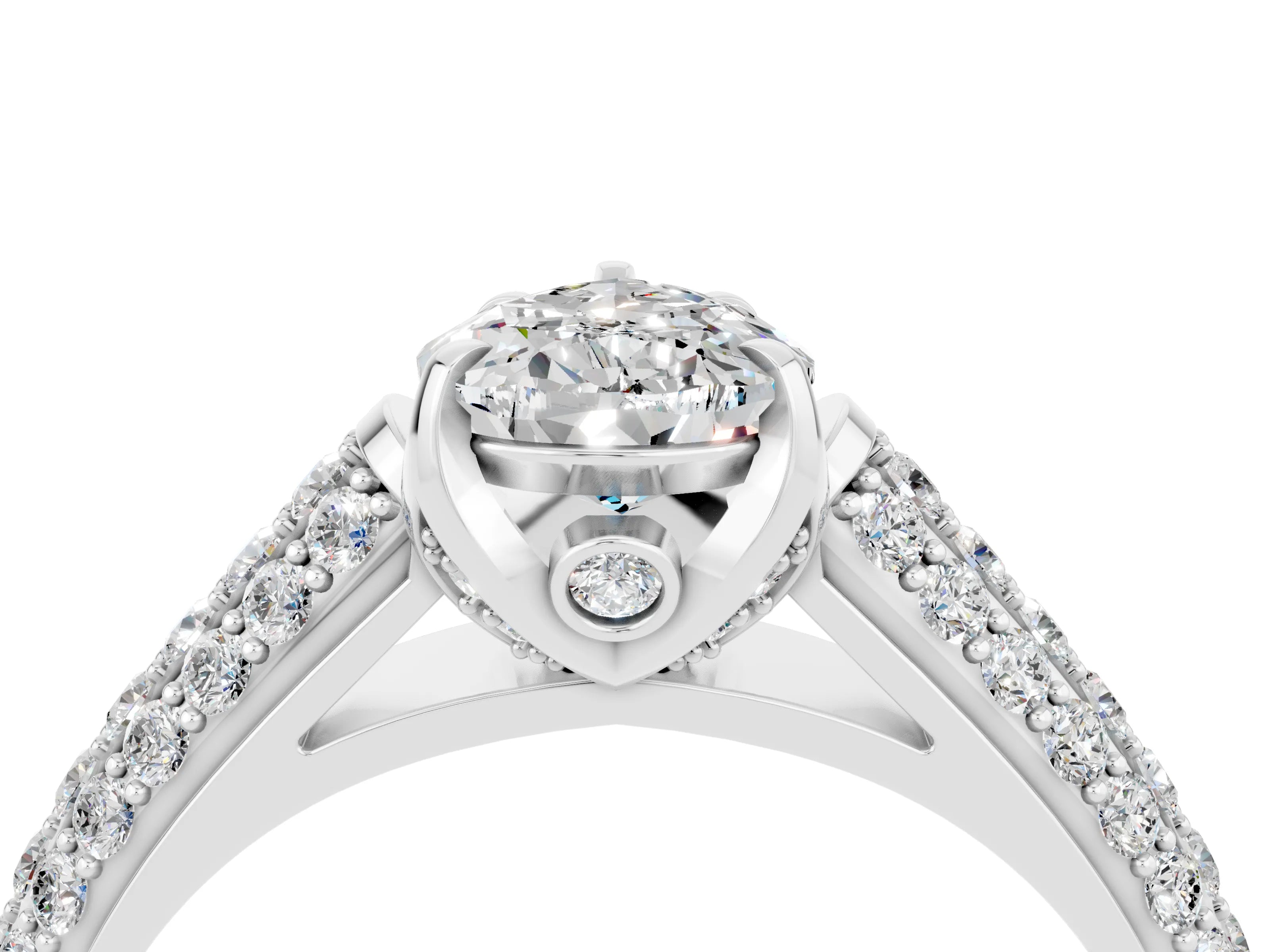 White gold Pear Cut Moissanite Solitaire Ring with Three-Row Pavé Band and Four-Prong Setting_16