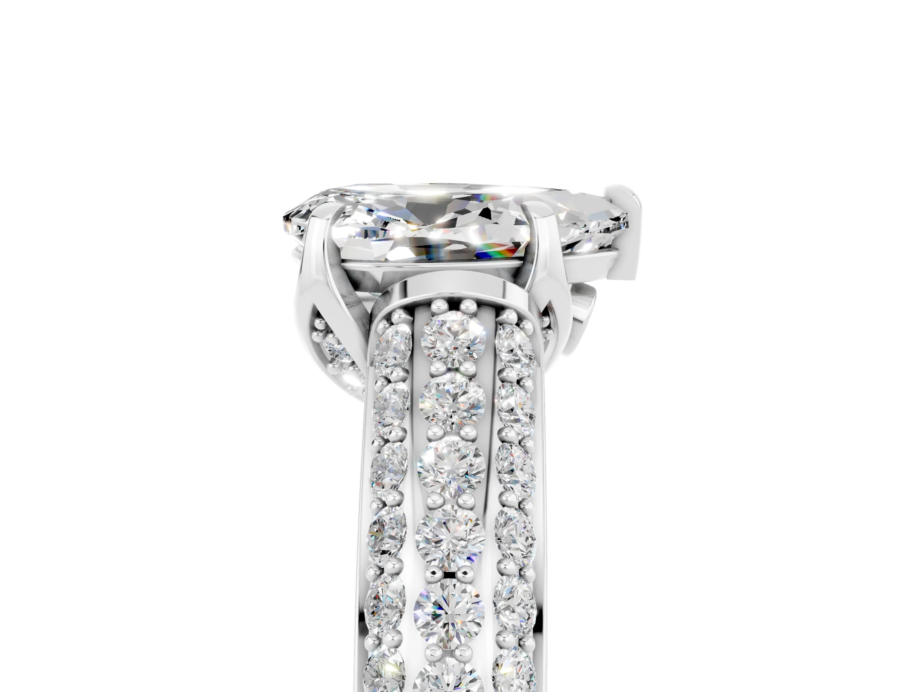 White gold Pear Cut Moissanite Solitaire Ring with Three-Row Pavé Band and Four-Prong Setting_17