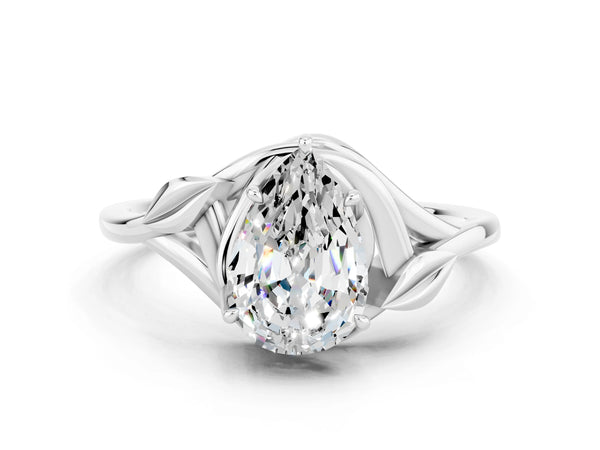 Platinum Pear Cut Moissanite Solitaire Ring with Twist Band and Four-Prong Setting