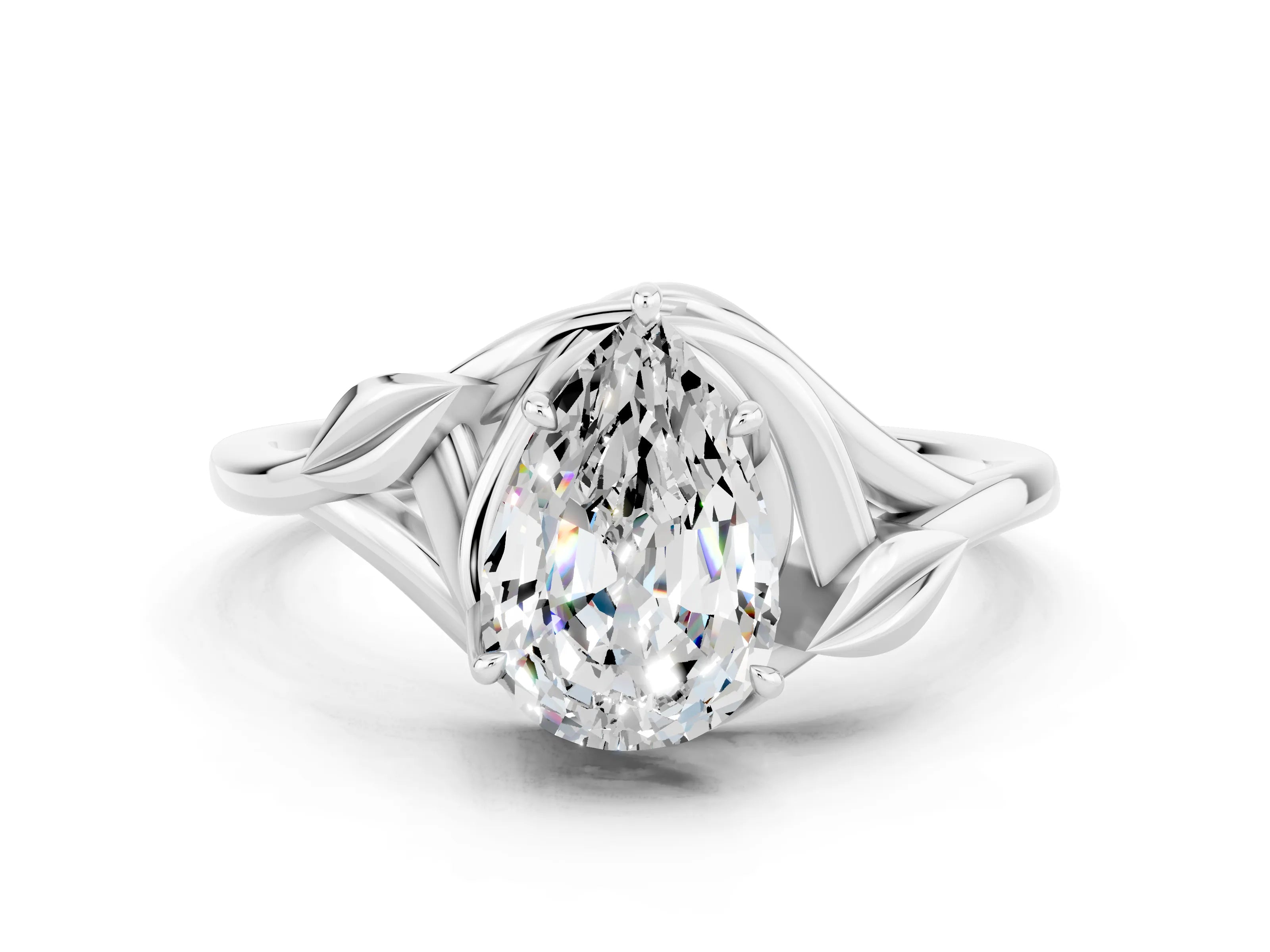 White gold Pear Cut Moissanite Solitaire Ring with Twist Band and Four-Prong Setting_12