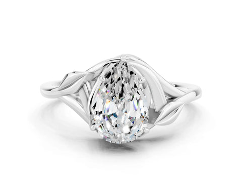 White gold Pear Cut Moissanite Solitaire Ring with Twist Band and Four-Prong Setting_12