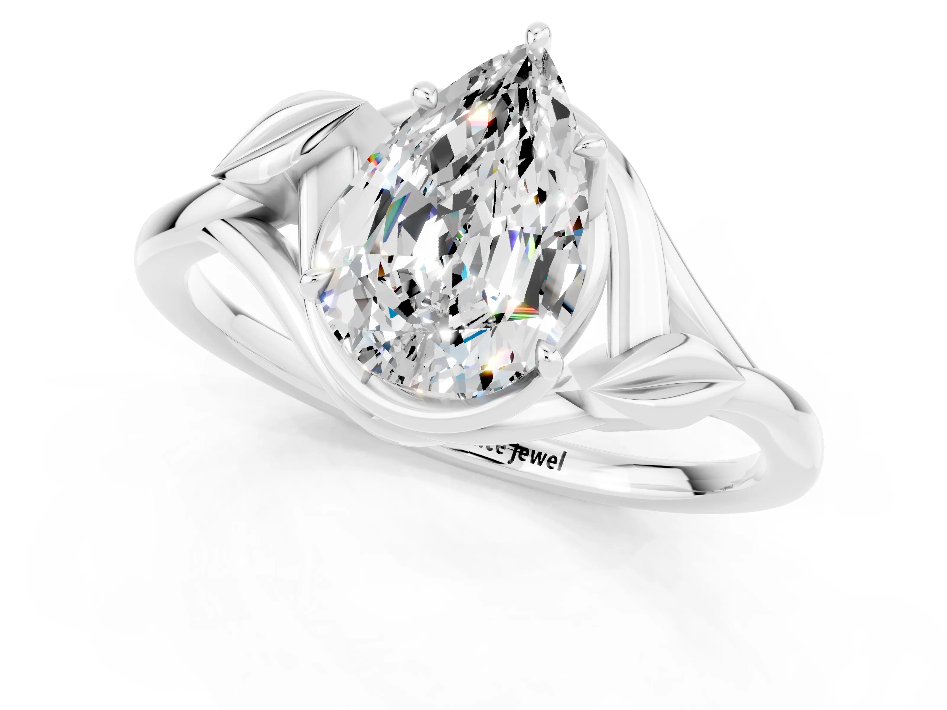 White gold Pear Cut Moissanite Solitaire Ring with Twist Band and Four-Prong Setting_13