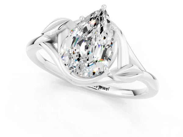 White gold Pear Cut Moissanite Solitaire Ring with Twist Band and Four-Prong Setting