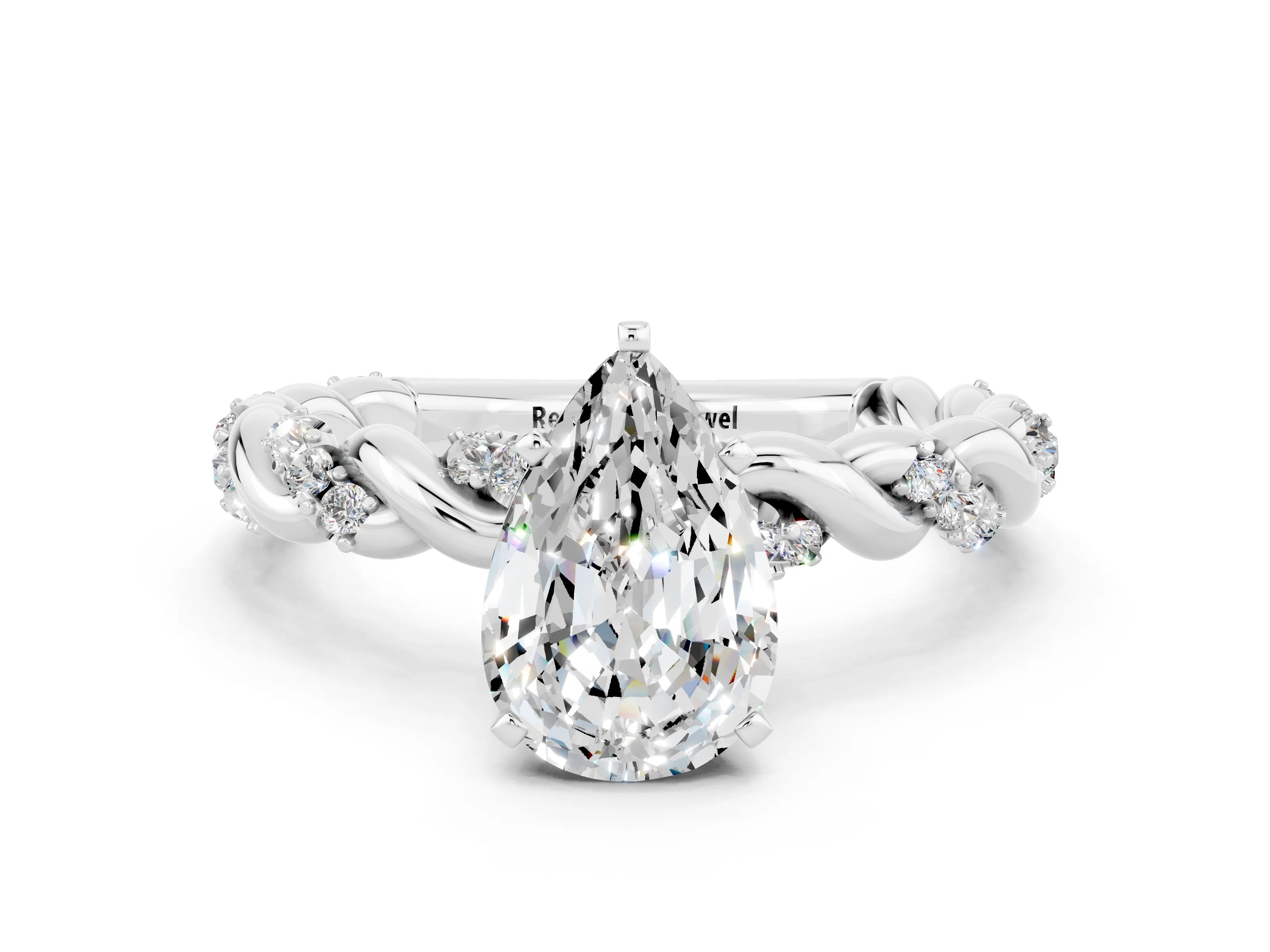 White gold Pear Cut Moissanite Solitaire Ring with Twisted Band and Pavé Accents