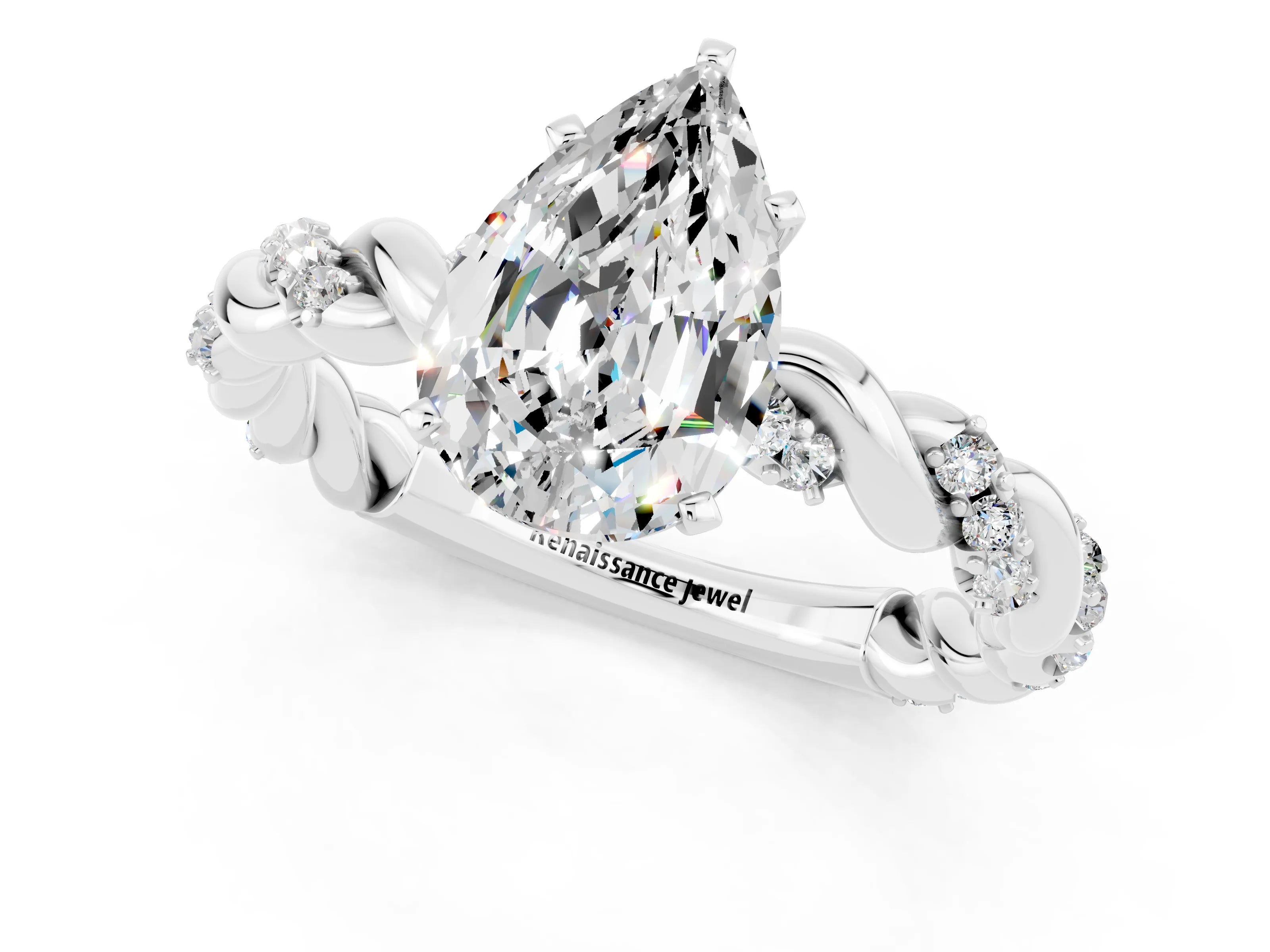 White gold Pear Cut Moissanite Solitaire Ring with Twisted Band and Pavé Accents_1