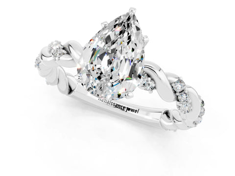 White gold Pear Cut Moissanite Solitaire Ring with Twisted Band and Pavé Accents_1