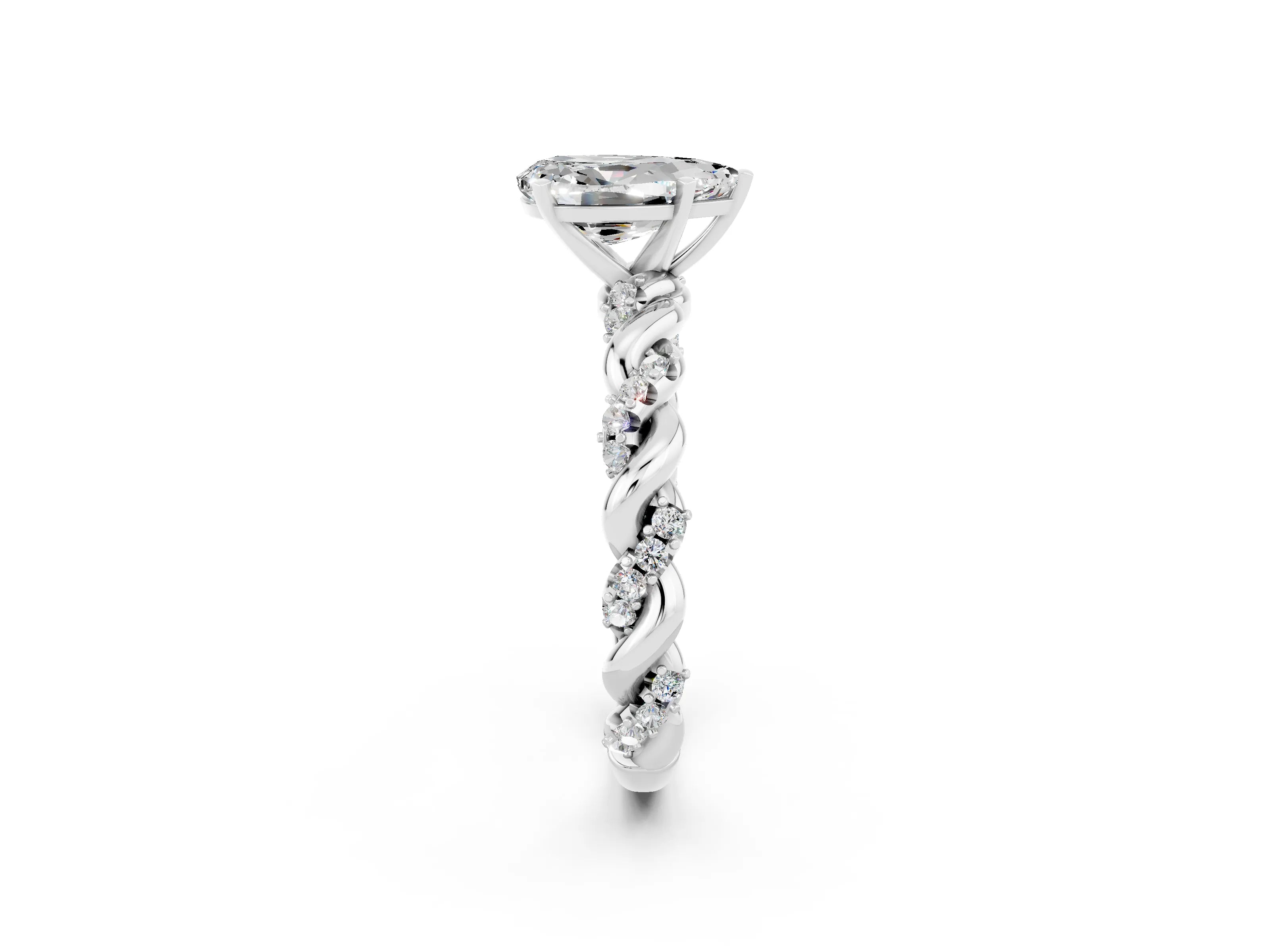 White gold Pear Cut Moissanite Solitaire Ring with Twisted Band and Pavé Accents_2
