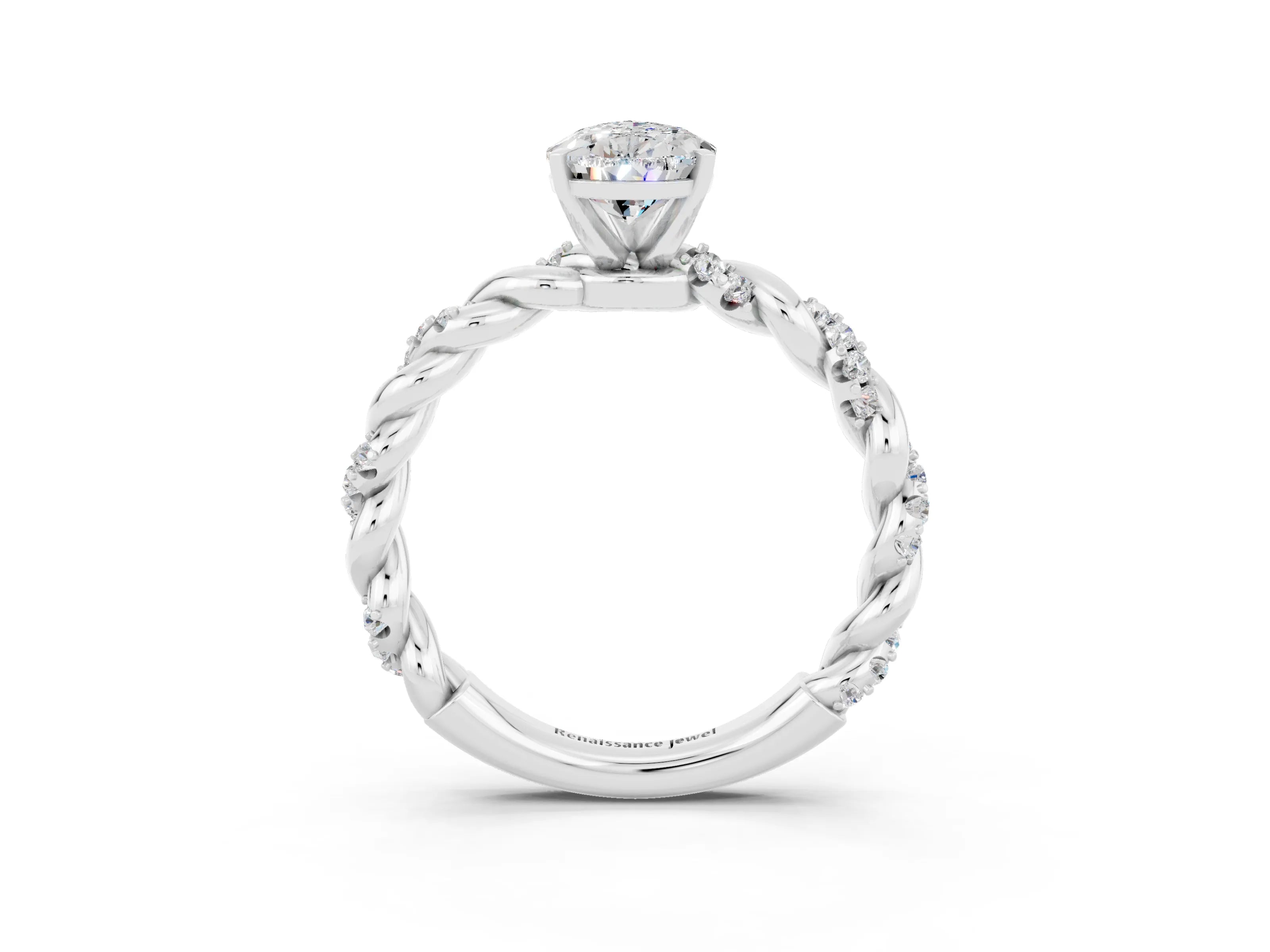 White gold Pear Cut Moissanite Solitaire Ring with Twisted Band and Pavé Accents_3