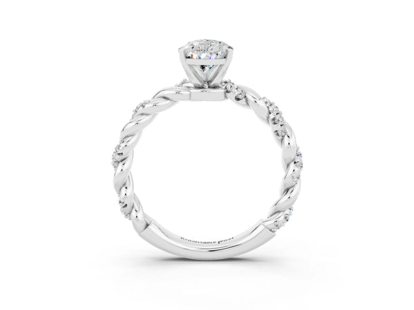 White gold Pear Cut Moissanite Solitaire Ring with Twisted Band and Pavé Accents