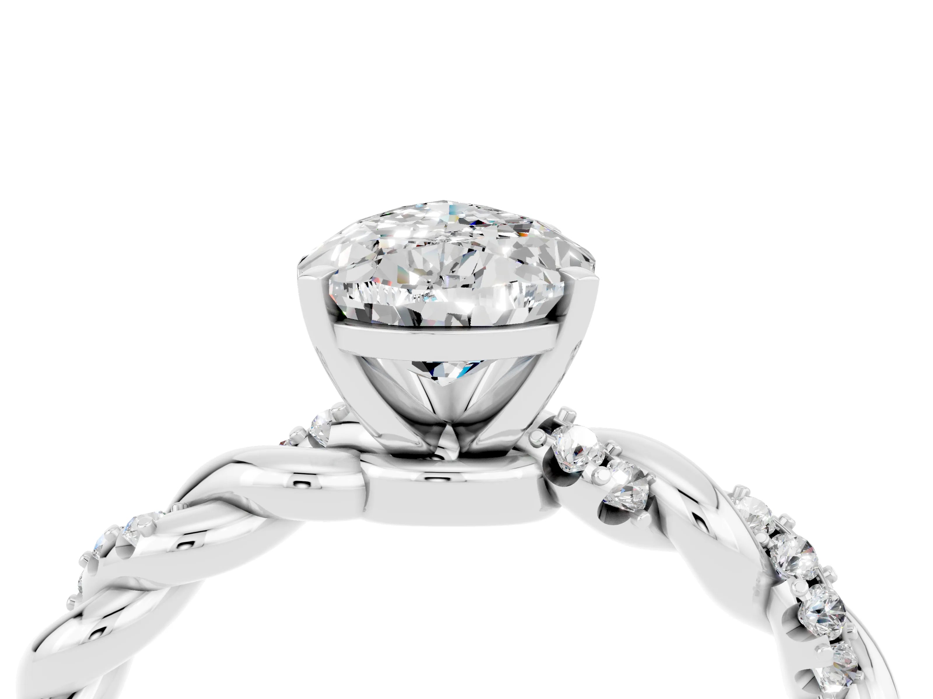 White gold Pear Cut Moissanite Solitaire Ring with Twisted Band and Pavé Accents_4