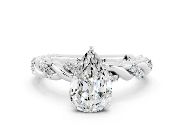Silver Pear Cut Moissanite Solitaire Ring with Twisted Band and Pavé Accents