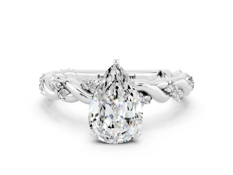 White gold Pear Cut Moissanite Solitaire Ring with Twisted Band and Pavé Accents