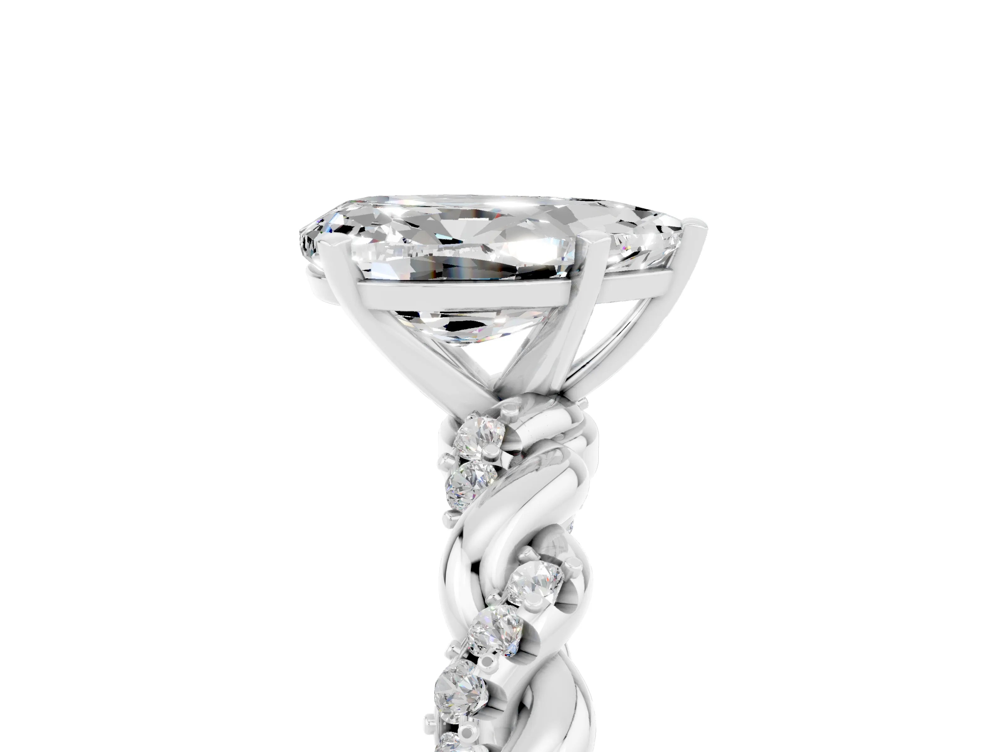 White gold Pear Cut Moissanite Solitaire Ring with Twisted Band and Pavé Accents_5