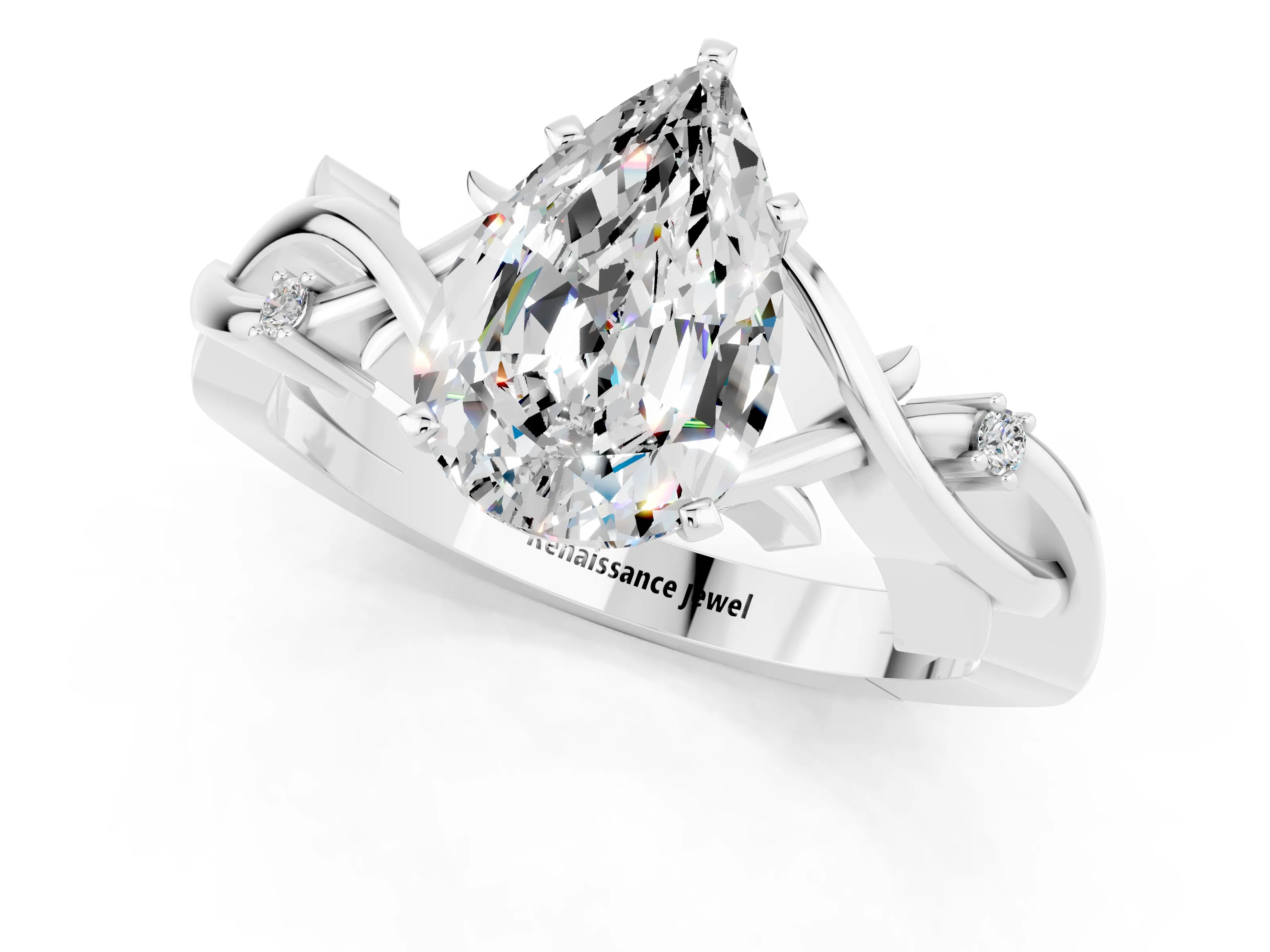 White gold Pear Cut Moissanite Solitaire Ring with Twisted Band and Prong Setting_13