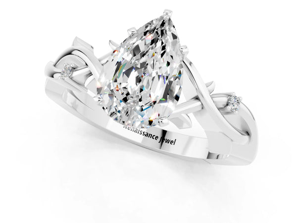 Silver Pear Cut Moissanite Solitaire Ring with Twisted Band and Prong Setting