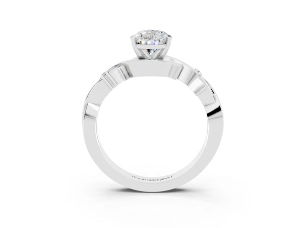 Platinum Pear Cut Moissanite Solitaire Ring with Twisted Band and Prong Setting