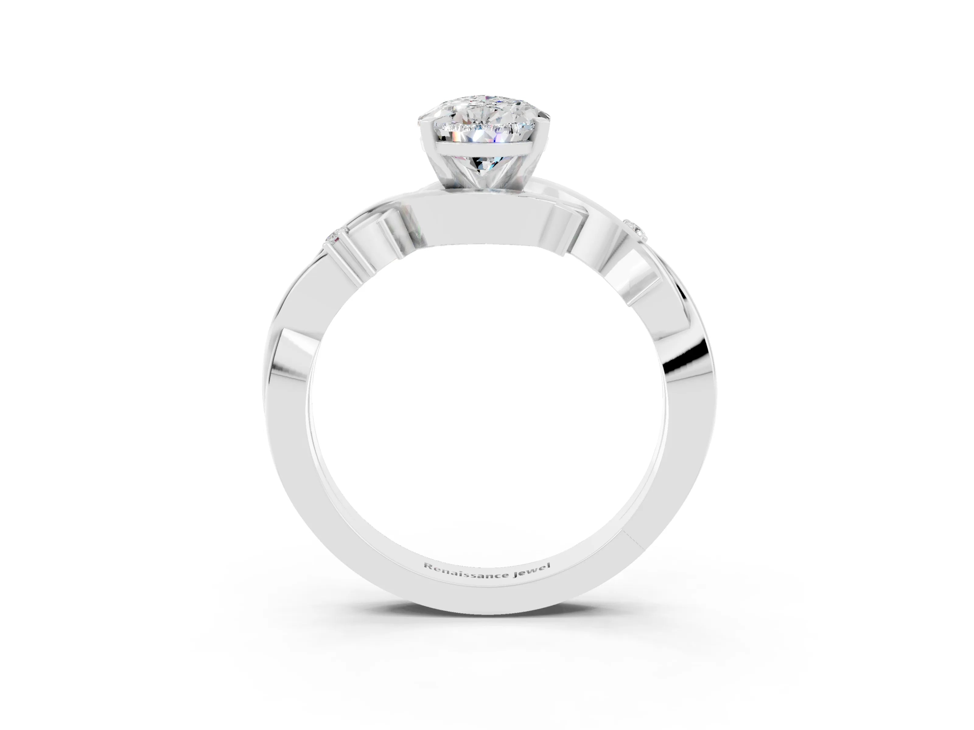 White gold Pear Cut Moissanite Solitaire Ring with Twisted Band and Prong Setting_3